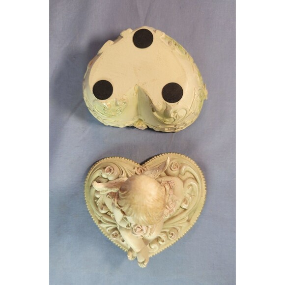 Cherub Trinket Heart Box Bisque Angel w/ Roses Jewelry Valentine Carved Case - Picture 7 of 12